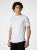 A man wearing a white short-sleeve athletic t-shirt with 'DISTINCT ONE' printed in tonal lettering across the chest, paired with black athletic pants, against a light gray studio background.