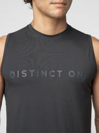 A close-up of a man wearing a dark gray sleeveless athletic tank top with the words 'DISTINCT ONE' printed across the chest in a matching dark gray tone.