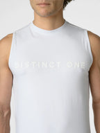 A close-up of a man wearing a white sleeveless athletic tank top with 'DISTINCT ONE' printed across the chest in a matching light tone.
